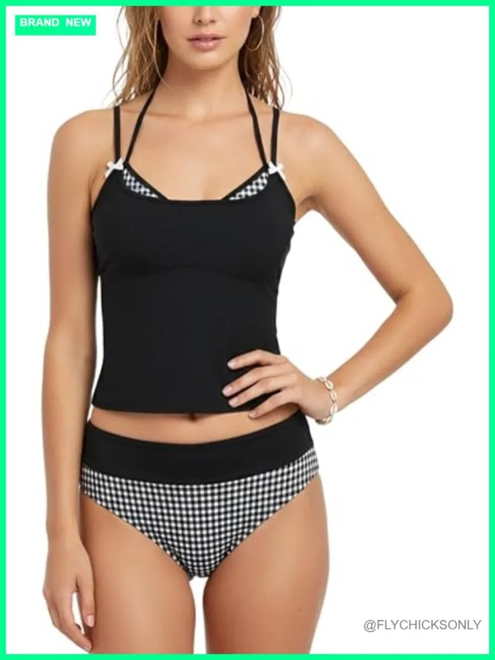 Smocked Lace Patchwork Bow Tie Side String Tankini Set Two Piece Swimsuit
